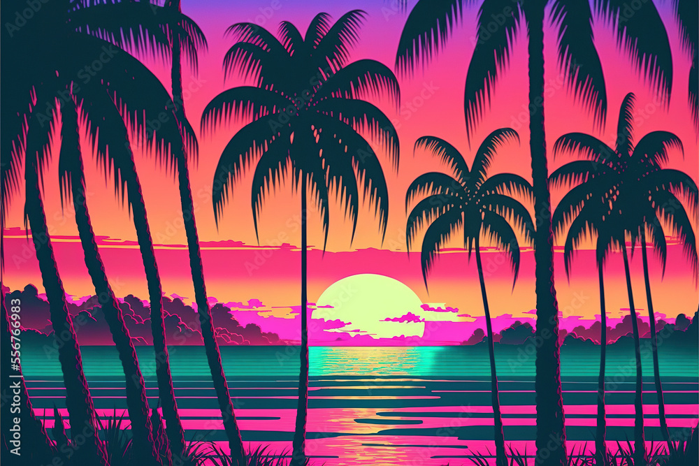Vaporwave synthwave beach landscape with palm trees illustration, 