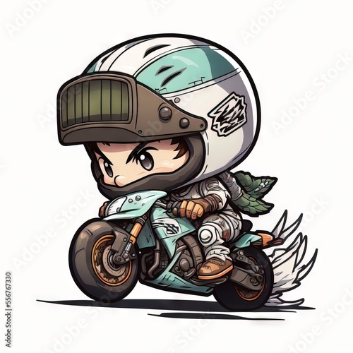  a cartoon character wearing a helmet and riding a motorcycle The character has a determined expression on their face, suggesting they are ready to take on any chal photo