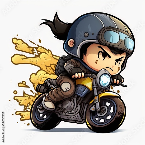  a cartoon character riding a motorcycle with a helmet on and a flame coming out of the back of it. Generative AI photo