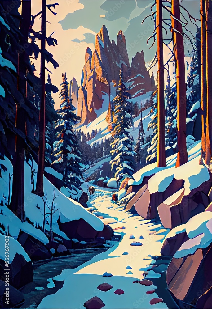 A beautiful snowy trail through a snowy forest. AI generated art illustration.	
