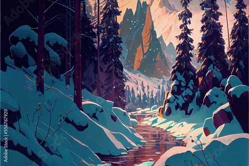A beautiful snowy trail through a snowy forest. AI generated art illustration. 