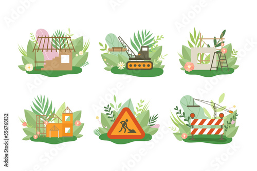 Construction process. Set of ecological house building with nature friendly construction materials cartoon vector illustration