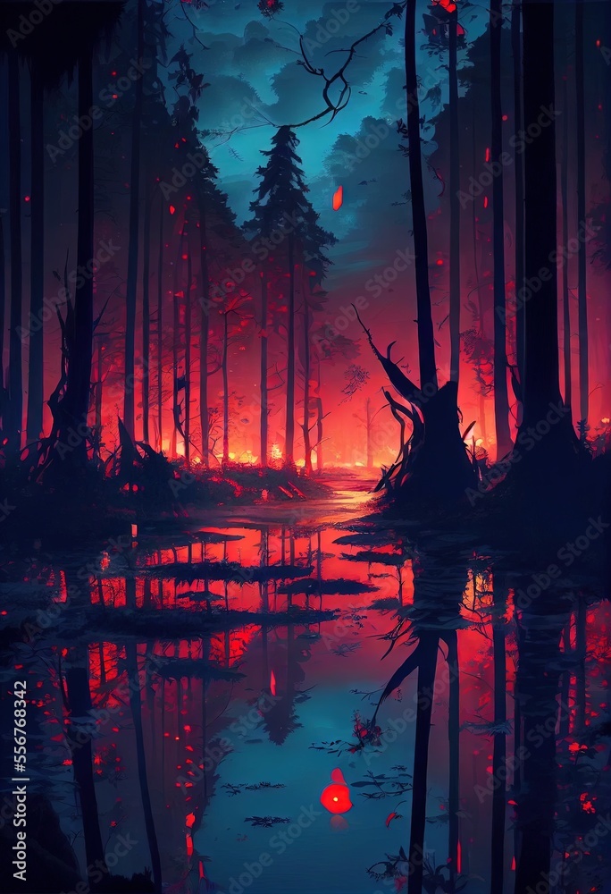 Fototapeta premium Beautiful Anime Sunset Scenery Forest. AI generated art illustration.