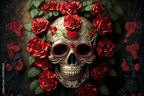 Mexican style sugar skull and red roses decoration. Generative ai
