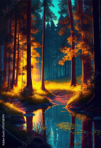 Beautiful Anime Sunset Scenery Forest. AI generated art illustration. 
