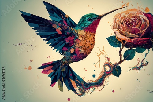 Murais de parede a hummingbird sitting on a branch with a rose in its beak and a swirly tail