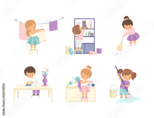 Cute kids doing housework chores set. Little boys and girls sweeping and mopping floor, washing dishes cartoon vector illustration