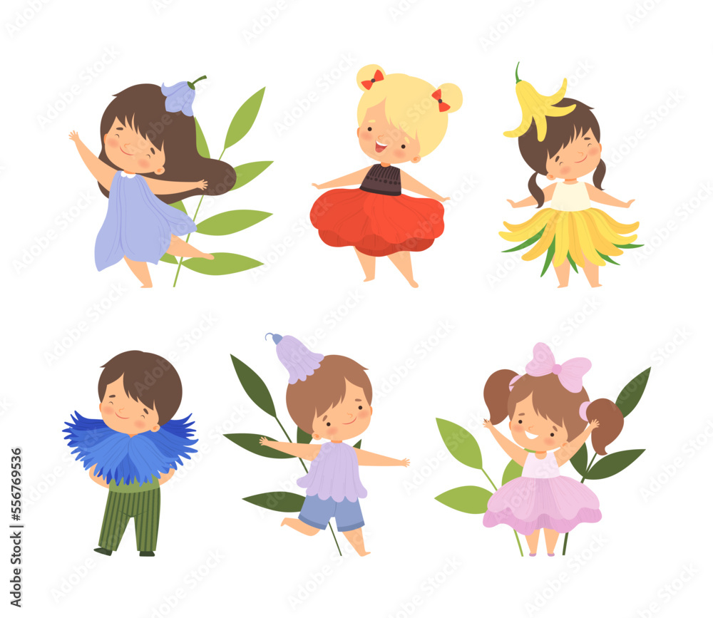 Cute kids dressed flowers carnival costumes set. Little boys and girls in festive clothes Vector Illustration cartoon vector illustration Cute kids dressed flowers carnival costumes set. Little boys and girls in festive clothes Vector Illustration cartoon vector illustration