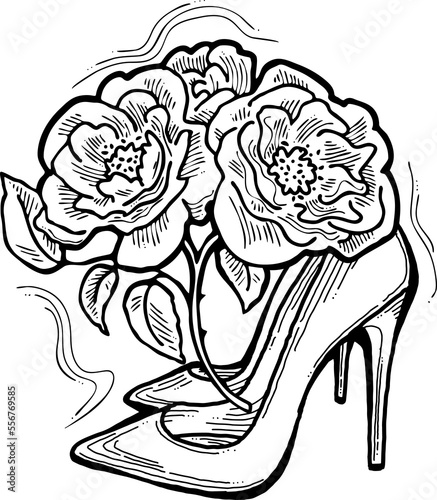 Beautiful decorative composition. High heels shoes decorated with rose flowers. Wedding style invitation  fashion poster  postcard print  shoe shop logo design  shopping sale promotion. Hand drawing.
