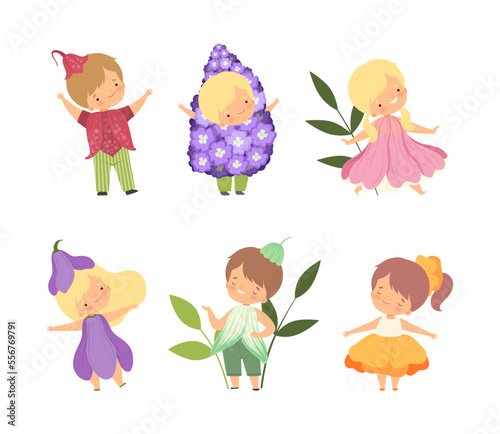 Cute kids in carnival costumes set. Little boys and girls dressed as flowers Vector Illustration cartoon vector illustration