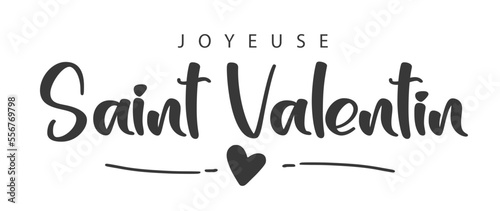 Happy Valentine's Day lettering in French (Joyeuse saint Valentin). Greeting card template with typography, heart and lines. Cartoon. Vector illustration