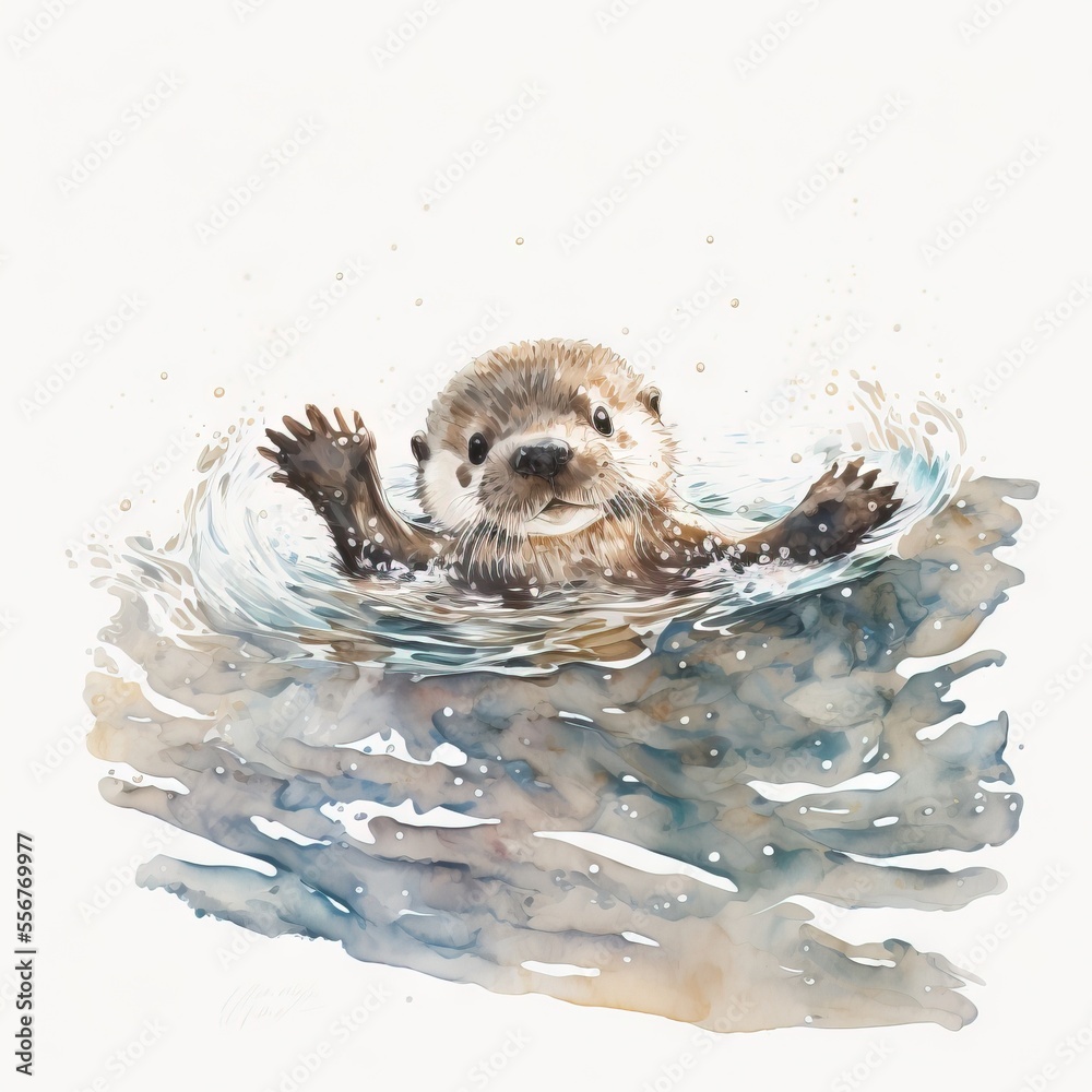 a watercolor painting of an otter floating in the water Stock