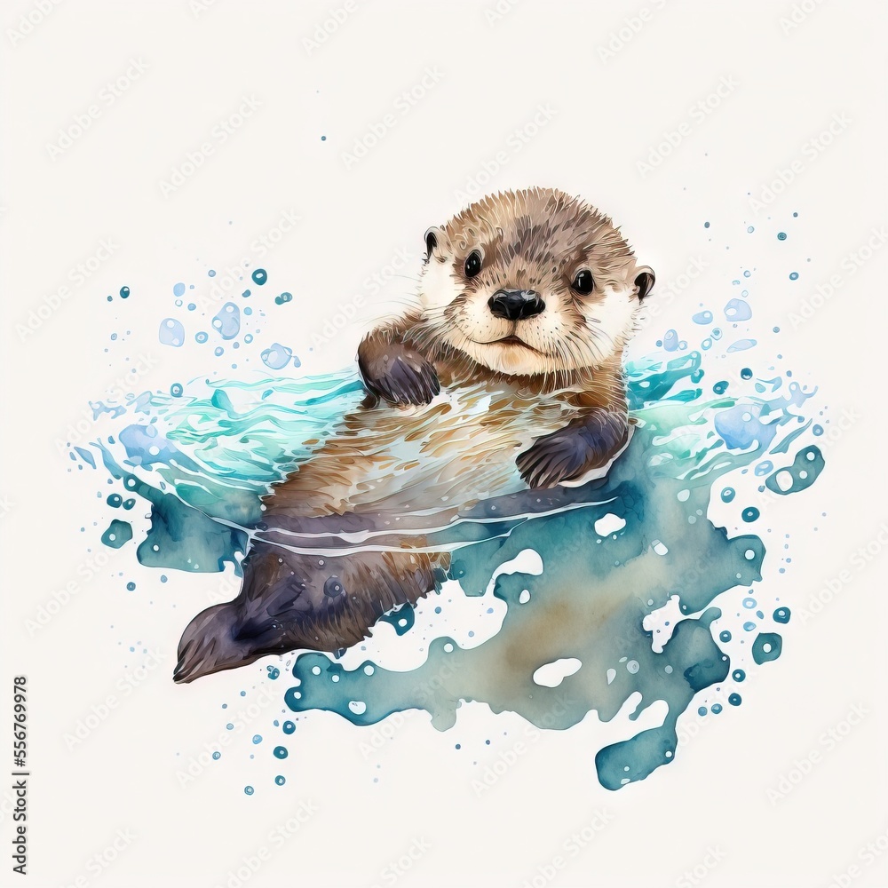 A Watercolor Painting Of A Sea Otter Swimming In The Ocean With Bubbles On The Water And A White