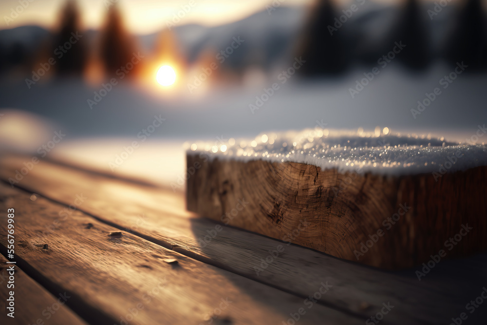 Empty wooden table on a blurry background of snowy landscape Empty wooden table on a blurry background of snowy landscape