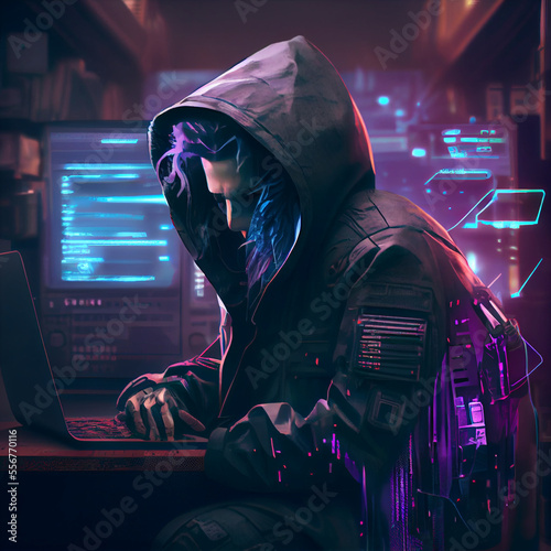 Computer hacker from future, futuristic fision of computer hacking, generative ai photo
