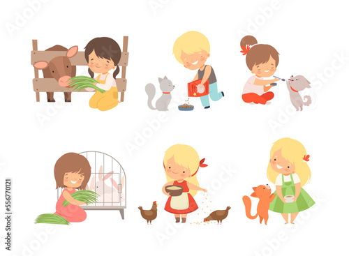 Set of cute kids feeding baby animals. Little boys and girls caring of kitten, puppy, calf, chicken, rabbit cartoon vector illustration
