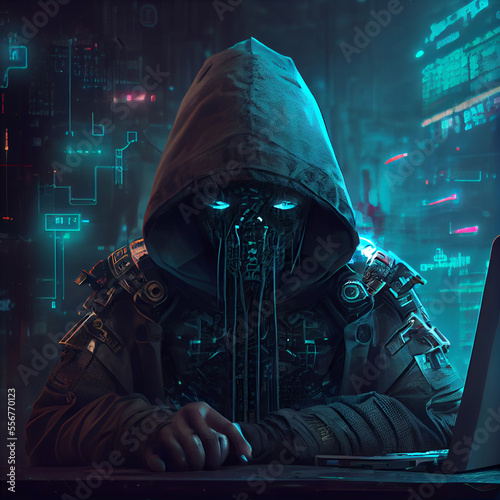 Computer hacker from future, futuristic fision of computer hacking, generative ai photo