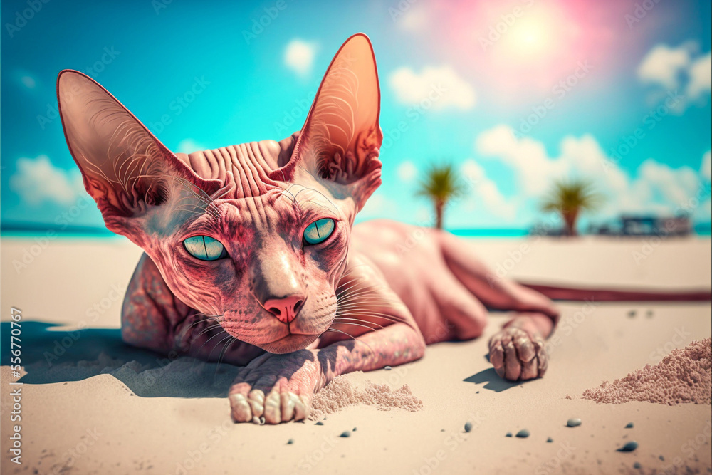 Hairless sphynx cat getting a sunburn on a tropical island beach