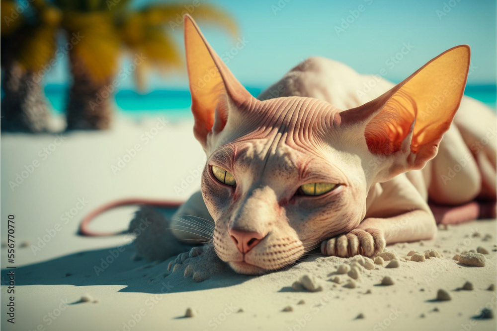 Hairless sphynx cat getting a sunburn on a tropical island beach. Created with generative AI.