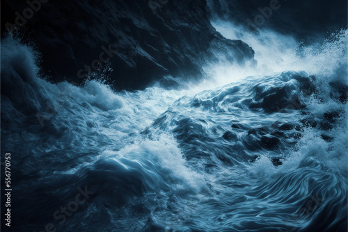 Powerful ocean waves at night. Created with generative AI.