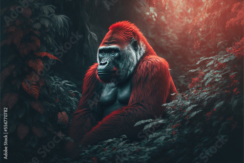 Red light covers a silverback gorilla in a jungle. Created with generative AI.
