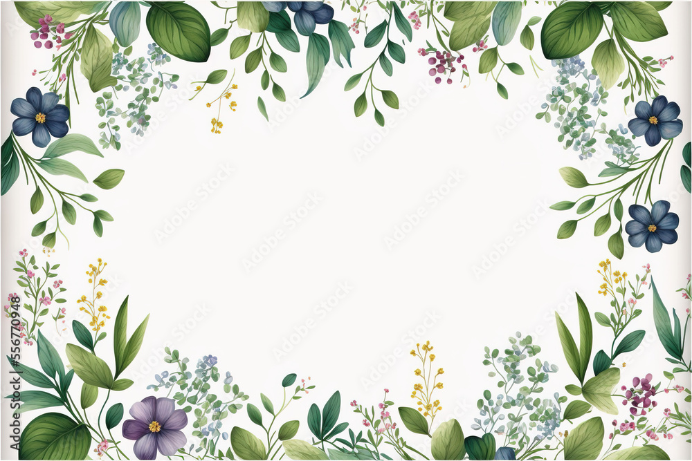 spring wild flowers border frame isolated on white