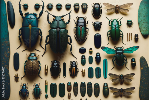 Display of colorful exotic beetle insects. Created with generative AI. photo