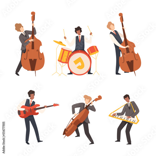 Set of jazz band musicians performing with musical instruments. Musicians playing synthesizer, double bass, drum, acoustic guitar cartoon vector illustration