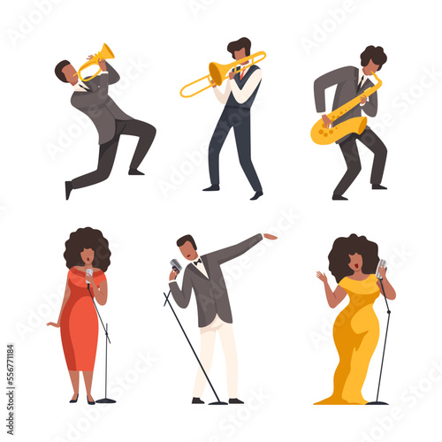 Set of jazz band musicians performing with musical instruments and singing. Musicians playing saxophone, guitar, trumpet cartoon vector illustration