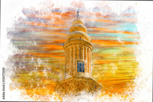 Watercolor painting of mosque. Sehidiye Mosque in Mardin Turkey. Watercolor art islamic concept for Ramadan. Travel to Turkey watercolor concept. photo