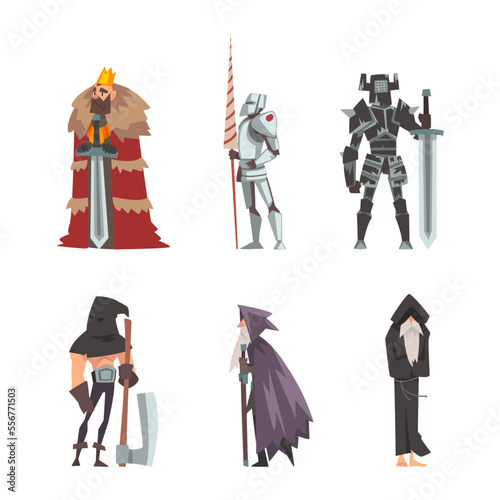 Medieval historical characters set. Majestic king, executioner, wizard and knight cartoon vector illustration