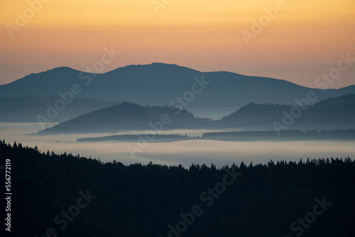 Dawn over the Carpathian Mountains near Tasuleasa Social NGO for the Via Transilvanica trail through Transylvania; Transylvania, Romania photo
