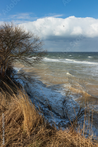 Portrait of a snowy cliff coast with rough sea and storm surge.