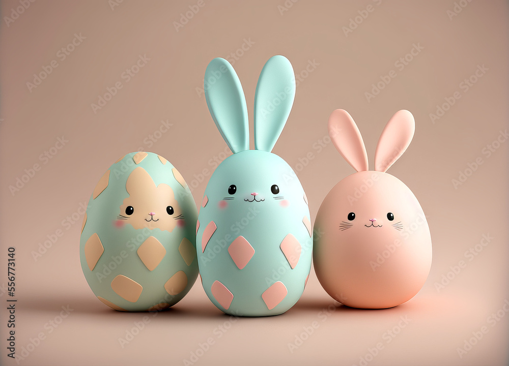 Obraz premium Bunny cute pastel colored easter eggs 3d rendered, generative ai