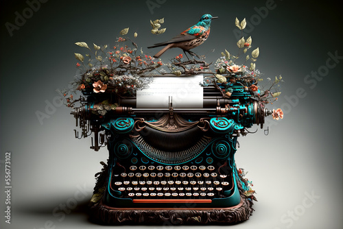 Old vintage typewriter, bird, flowers, creative
generative ai photo