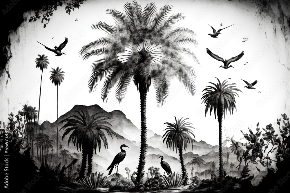 Fototapeta Vintage wallpaper of palm trees, mountains, birds.
generative ai