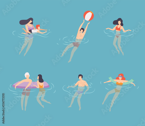 People swimming in water set. Men, women and kids swimming in pool, sea at vacation flat vector