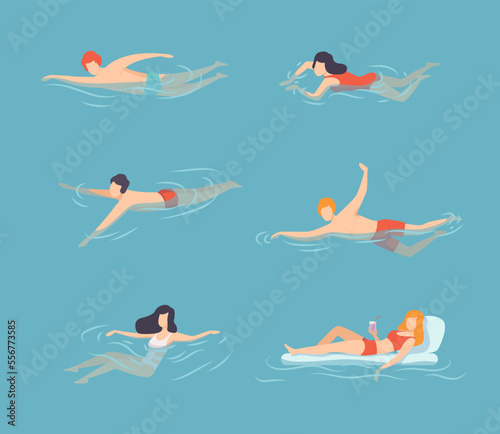 People swimming in water set. Men and women swimming and relaxing in pool, sea at summer vacation flat vector