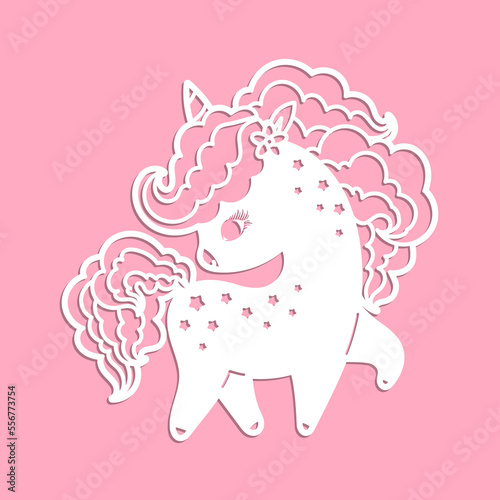 Silhouette of a unicorn Template for laser cutting from paper, wood, metal. For the design of postcards, toys, stickers, stencils, silk screen printing. Vector