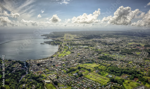 Aerial view from a helicopter of the city of Hilo overlooking Hilo Bay; Island of Hawaii, Hawaii, United States of America