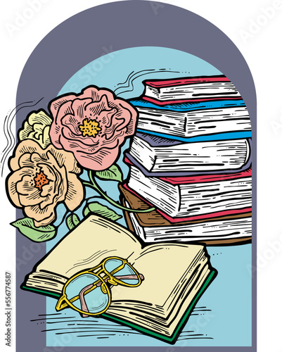 Romantic decorative vector composition with books, flowers and glasses for poster print, book store logo, teachers day postcard. Back to school vintage style theme. Hand drawn illustration.