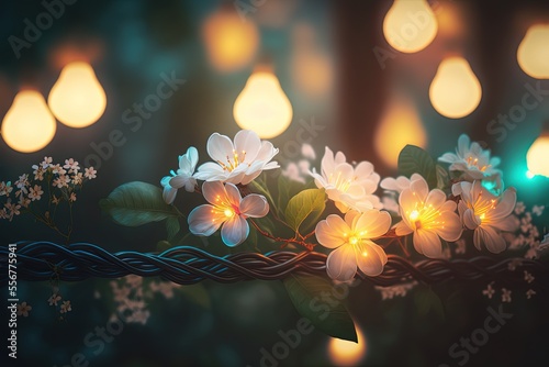 illustration abstract background of glitter glow fairy lights, string lights with bokeh with flower