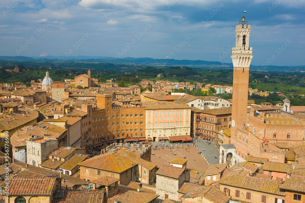 Overview of Piazza Del Campo and the historic center of Siena; Siena, Tuscany, Italy Overview of Piazza Del Campo and the historic center of Siena; Siena, Tuscany, Italy