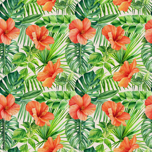 Tropical leaves  monstera  hibiscus flowers. Floral background. Watercolor botanical illustration  Seamless pattern