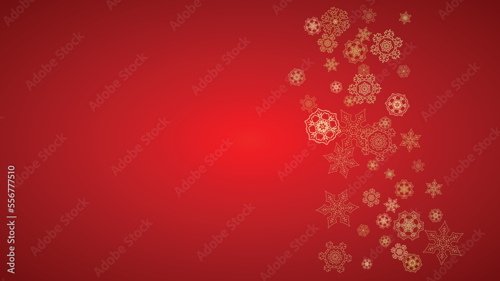 Christmas snowflakes on red background. Horizontal glitter frame for winter banner, gift coupon, voucher, ads, party event. Santa Claus color with golden Christmas snowflakes. Falling snow for holiday Christmas snowflakes on red background. Horizontal glitter frame for winter banner, gift coupon, voucher, ads, party event. Santa Claus color with golden Christmas snowflakes. Falling snow for holiday