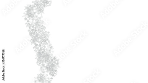 Snowflakes falling on white background. Horizontal Christmas and Happy New Year theme. Silver falling snowflakes for banner, gift card, party invitation, partner compliment and special business offers