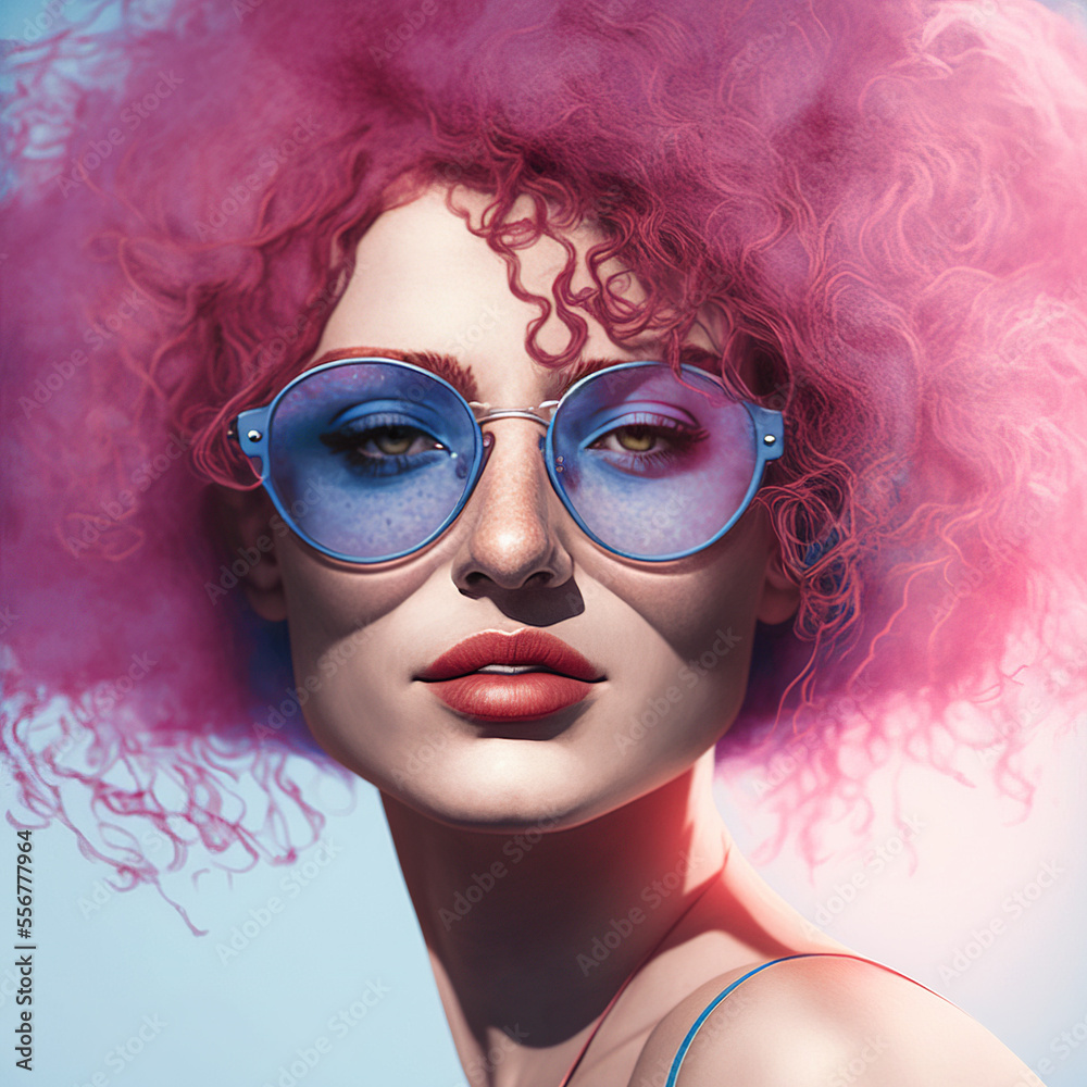 Portrait of beautiful woman with pink curly hair and blue sunglasses. AI generated image.