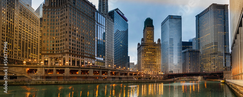 Chicago cityscape and Chicago River; Chicago, Illinois, United States of America photo