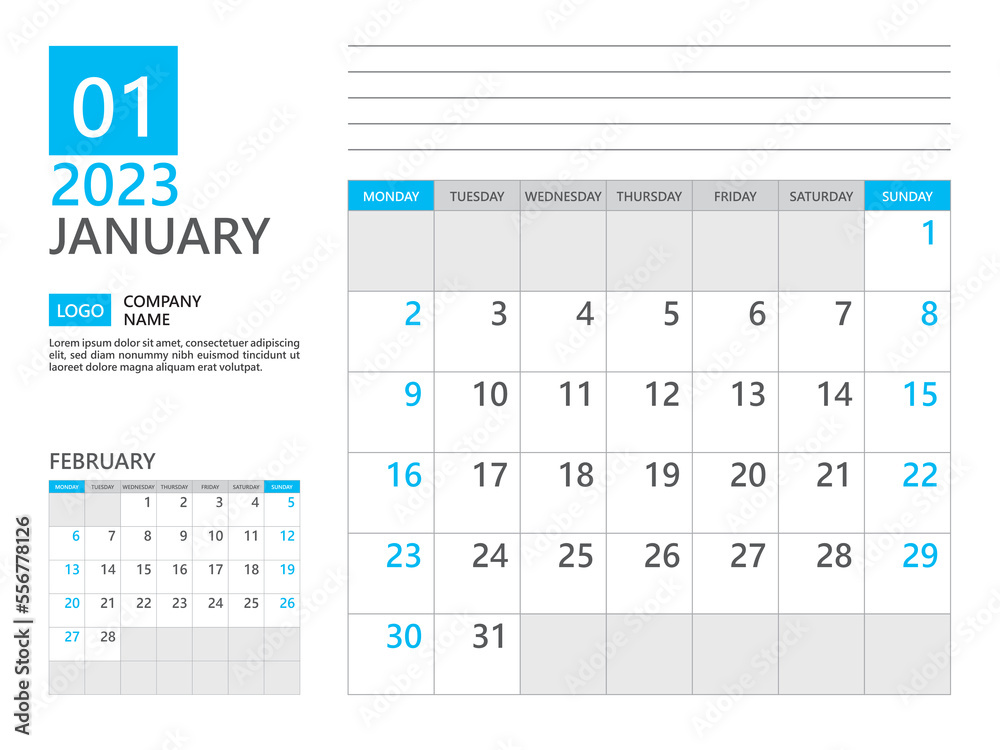 January 2023 template, Calendar planner 2023, week start on Monday