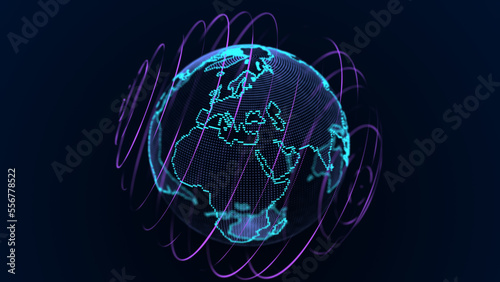 3d sphere in a shape of Earth with continents and islands. Abstract global technology. Big data visualization. 3D rendering.